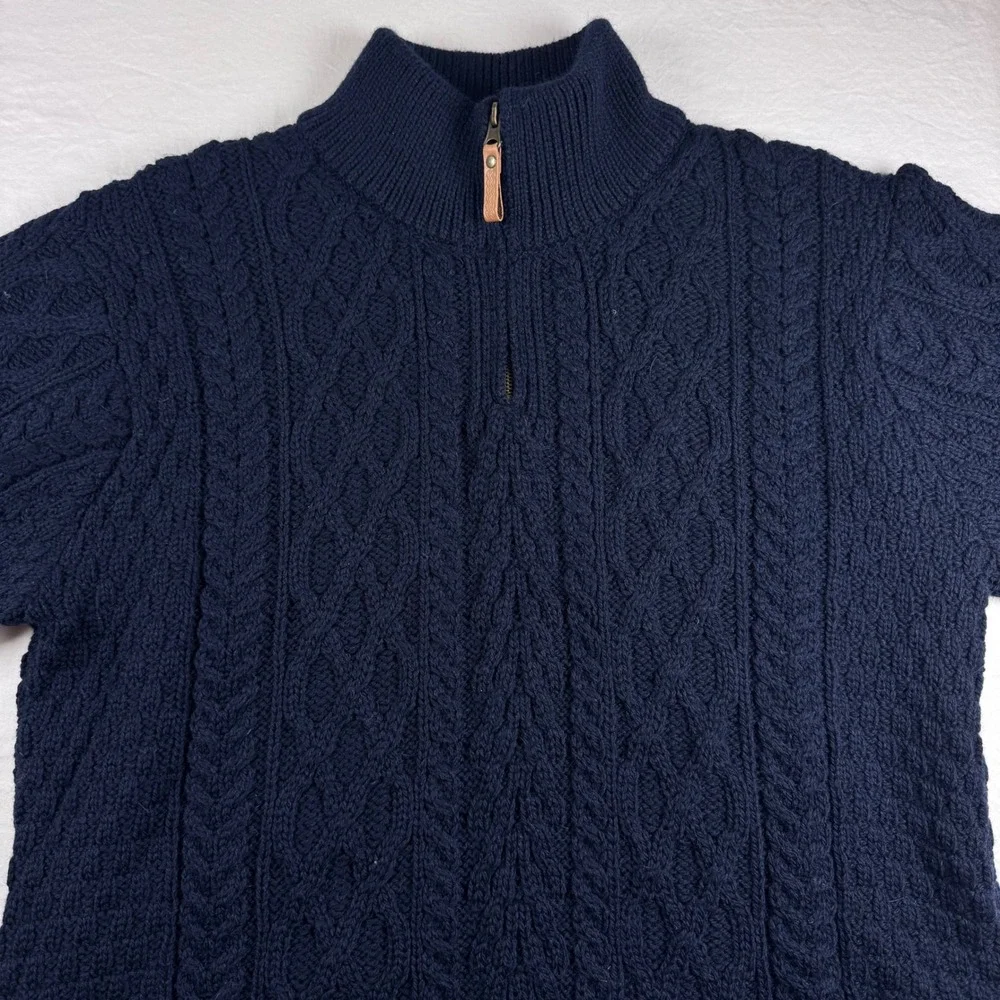 Aran Sweater Market XL Navy Blue 100% Wool Fisherman Cable Knit 1/4 Zip Ireland